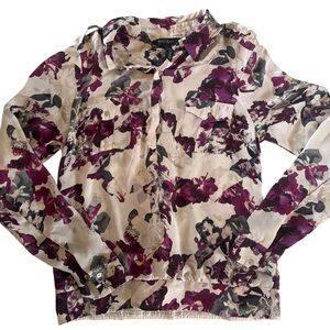 White House Black Market Floral Silk Blouse Cream Purple Size 10 Boho